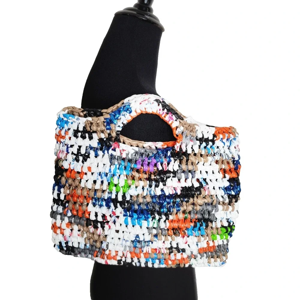 Crocheted Plastic Tote Bag Multicolored Original Handmade Unique Recycled
